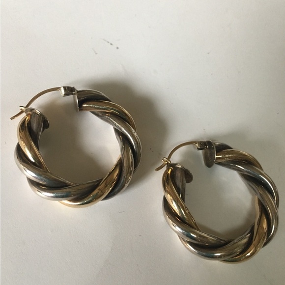 Solid 14K Yellow Gold & 925 Sterling Silver Twisted Rope Cable Hoop Earrings - Picture 10 of 12